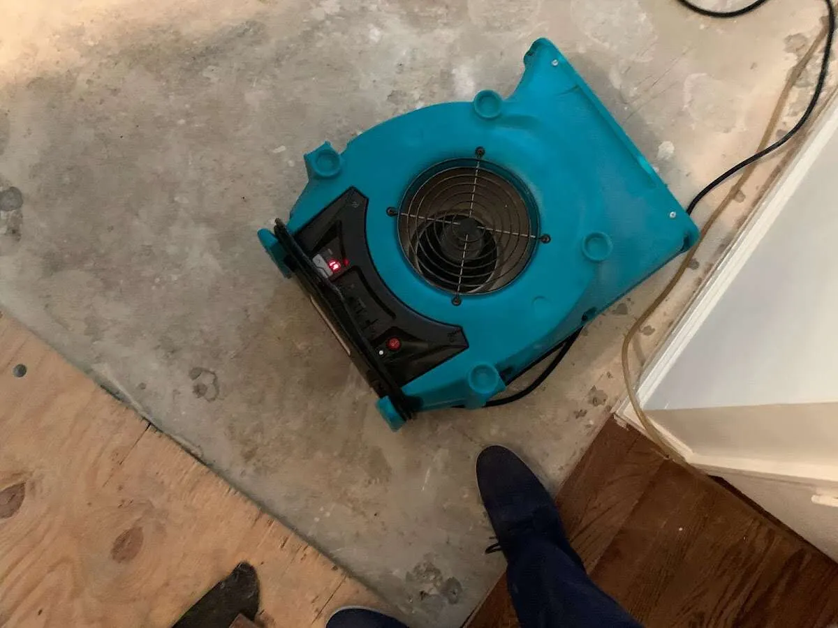 Air mover drying subfloor during Leak Detection & Repair in Littleton